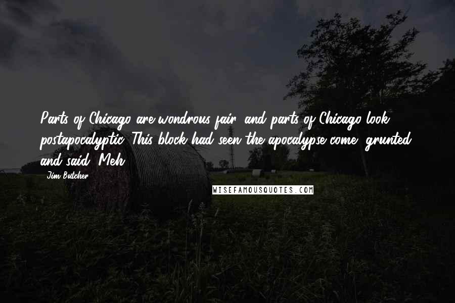 Jim Butcher Quotes: Parts of Chicago are wondrous fair, and parts of Chicago look postapocalyptic. This block had seen the apocalypse come, grunted, and said, Meh.