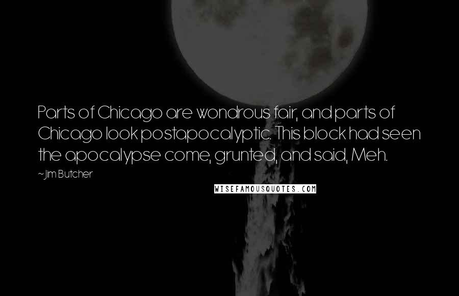 Jim Butcher Quotes: Parts of Chicago are wondrous fair, and parts of Chicago look postapocalyptic. This block had seen the apocalypse come, grunted, and said, Meh.