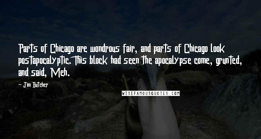 Jim Butcher Quotes: Parts of Chicago are wondrous fair, and parts of Chicago look postapocalyptic. This block had seen the apocalypse come, grunted, and said, Meh.