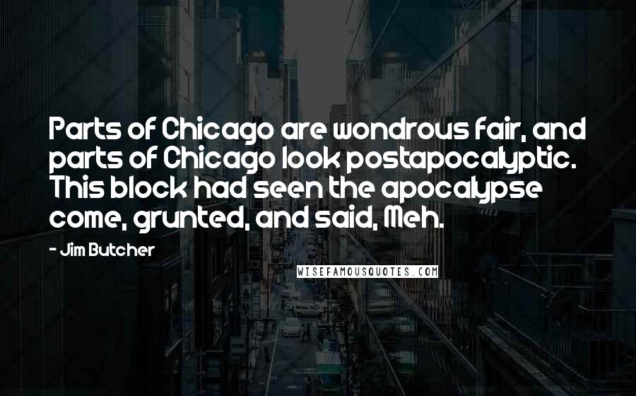 Jim Butcher Quotes: Parts of Chicago are wondrous fair, and parts of Chicago look postapocalyptic. This block had seen the apocalypse come, grunted, and said, Meh.