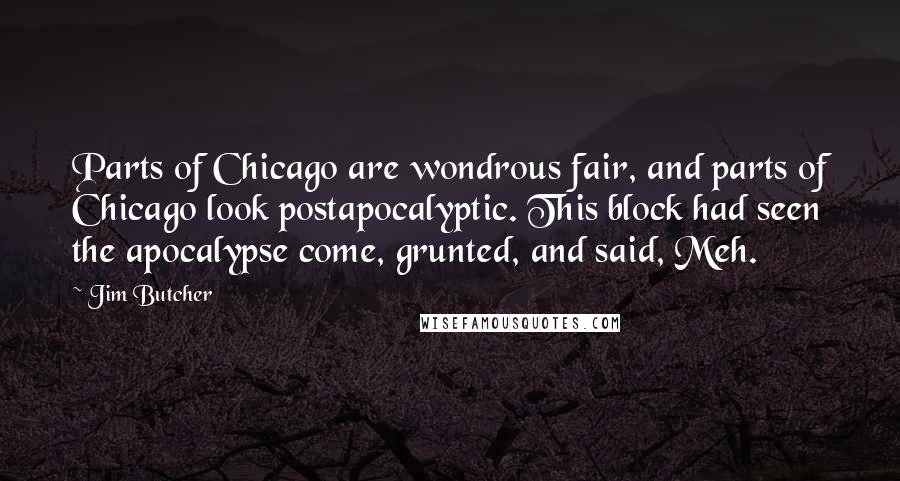 Jim Butcher Quotes: Parts of Chicago are wondrous fair, and parts of Chicago look postapocalyptic. This block had seen the apocalypse come, grunted, and said, Meh.