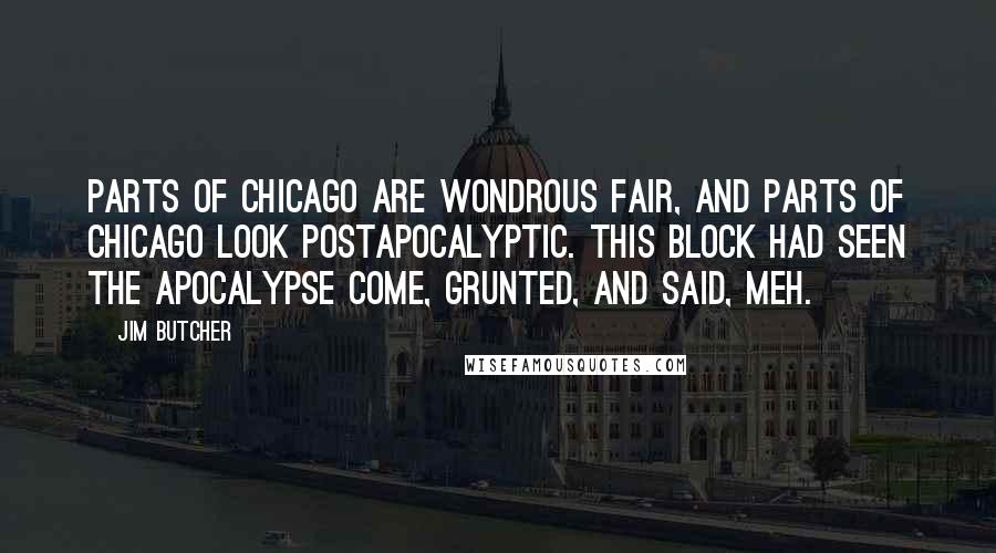 Jim Butcher Quotes: Parts of Chicago are wondrous fair, and parts of Chicago look postapocalyptic. This block had seen the apocalypse come, grunted, and said, Meh.