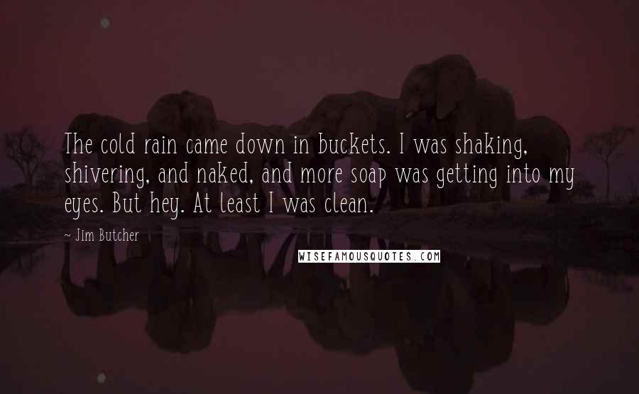 Jim Butcher Quotes: The cold rain came down in buckets. I was shaking, shivering, and naked, and more soap was getting into my eyes. But hey. At least I was clean.