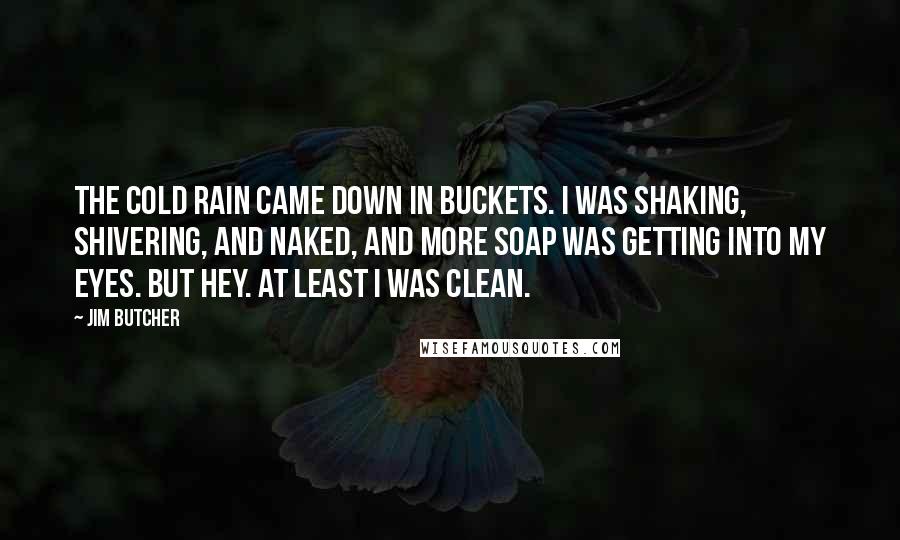 Jim Butcher Quotes: The cold rain came down in buckets. I was shaking, shivering, and naked, and more soap was getting into my eyes. But hey. At least I was clean.