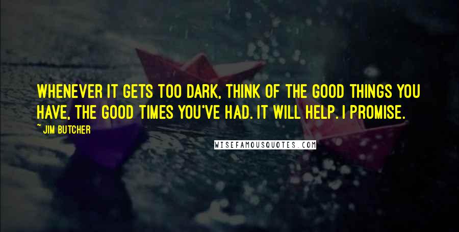 Jim Butcher Quotes: Whenever it gets too dark, think of the good things you have, the good times you've had. It will help. I promise.