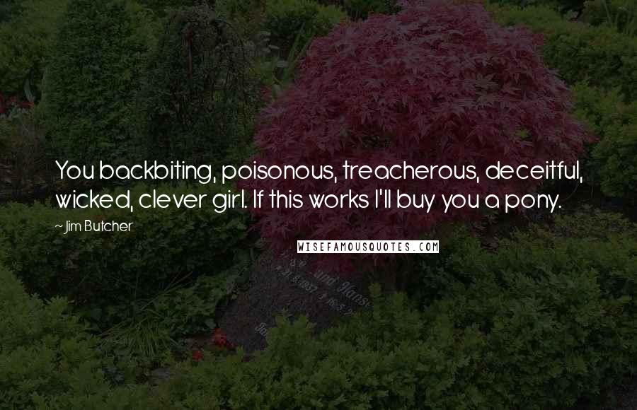 Jim Butcher Quotes: You backbiting, poisonous, treacherous, deceitful, wicked, clever girl. If this works I'll buy you a pony.