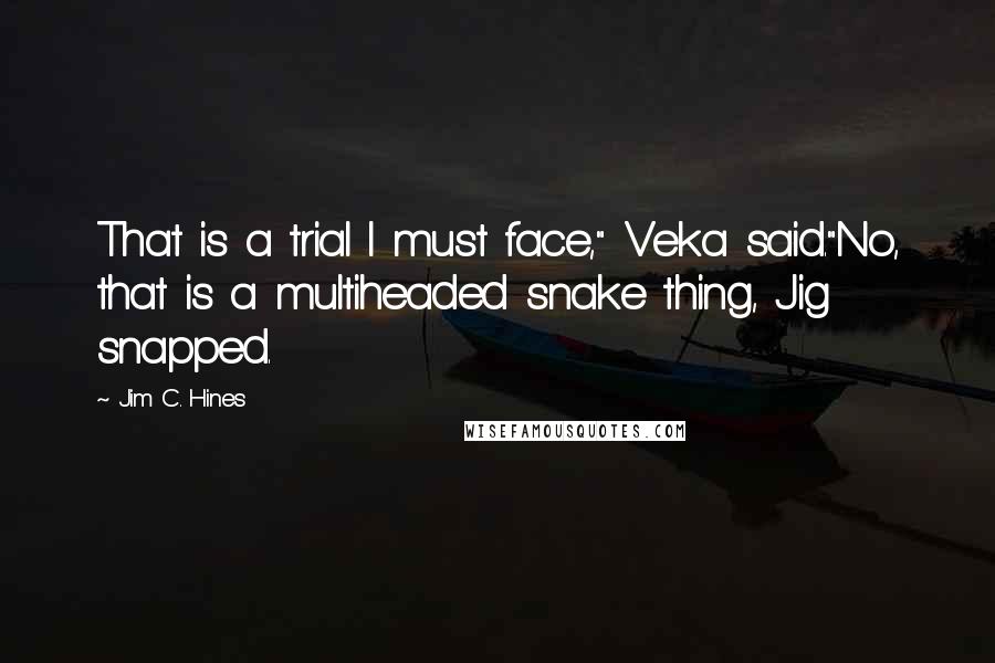 Jim C. Hines Quotes: That is a trial I must face," Veka said."No, that is a multiheaded snake thing, Jig snapped.