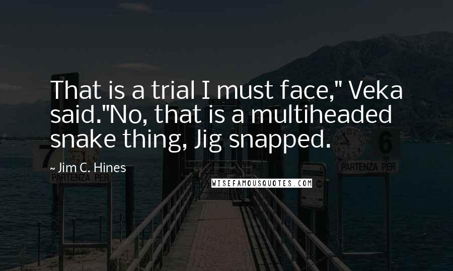 Jim C. Hines Quotes: That is a trial I must face," Veka said."No, that is a multiheaded snake thing, Jig snapped.