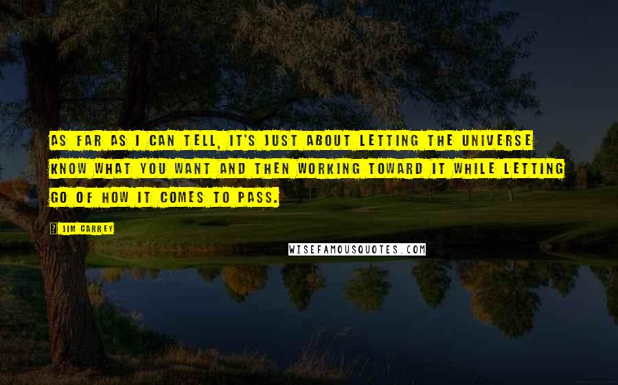 Jim Carrey Quotes: As far as I can tell, it's just about letting the universe know what you want and then working toward it while letting go of how it comes to pass.