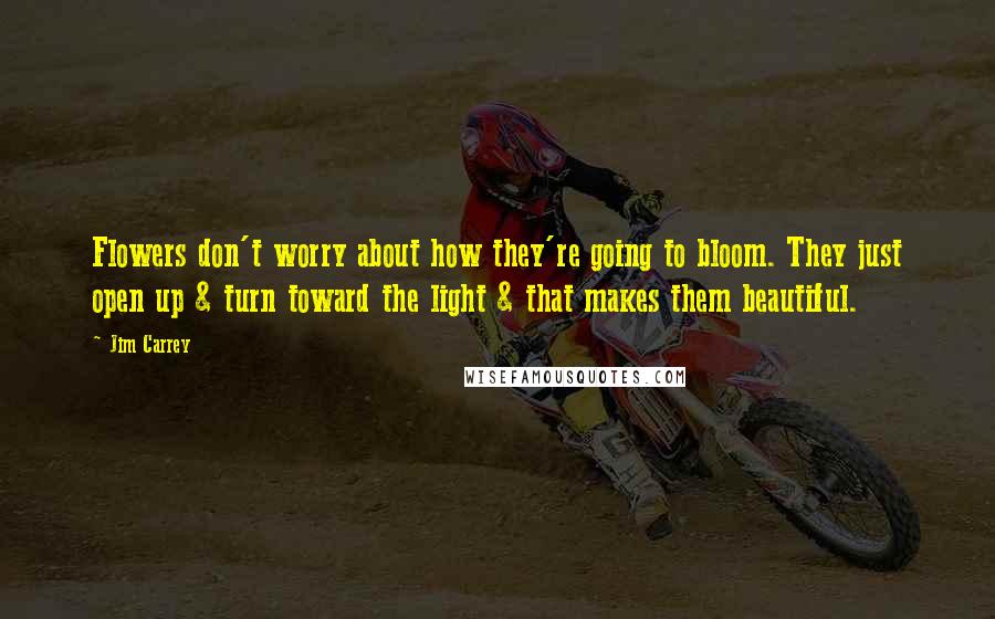 Jim Carrey Quotes: Flowers don't worry about how they're going to bloom. They just open up & turn toward the light & that makes them beautiful.