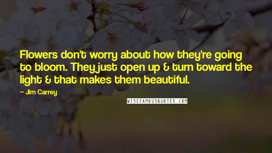 Jim Carrey Quotes: Flowers don't worry about how they're going to bloom. They just open up & turn toward the light & that makes them beautiful.