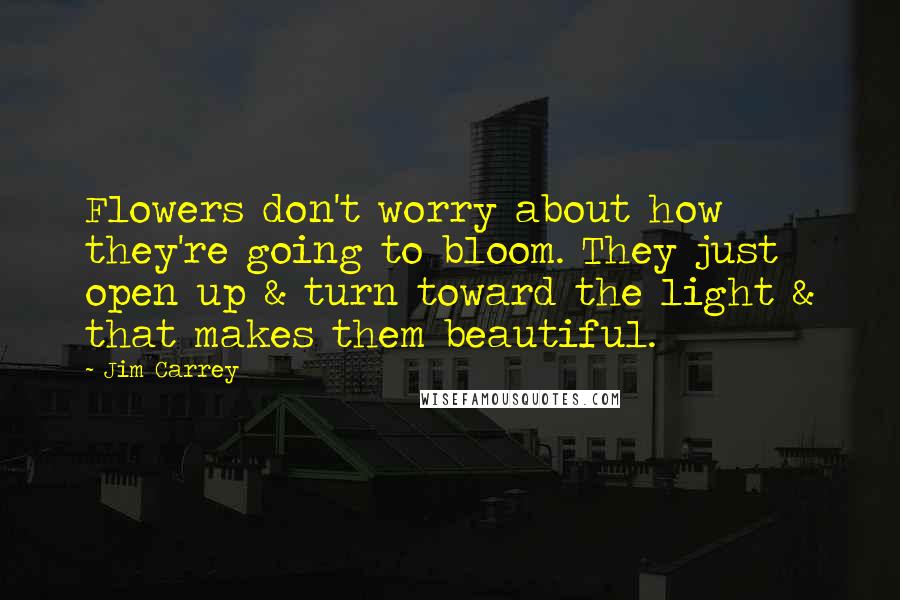 Jim Carrey Quotes: Flowers don't worry about how they're going to bloom. They just open up & turn toward the light & that makes them beautiful.