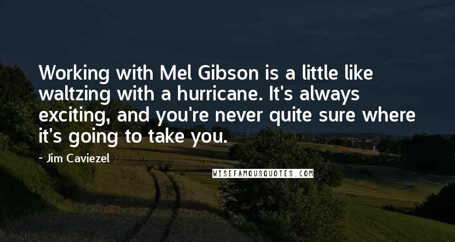 Jim Caviezel Quotes: Working with Mel Gibson is a little like waltzing with a hurricane. It's always exciting, and you're never quite sure where it's going to take you.