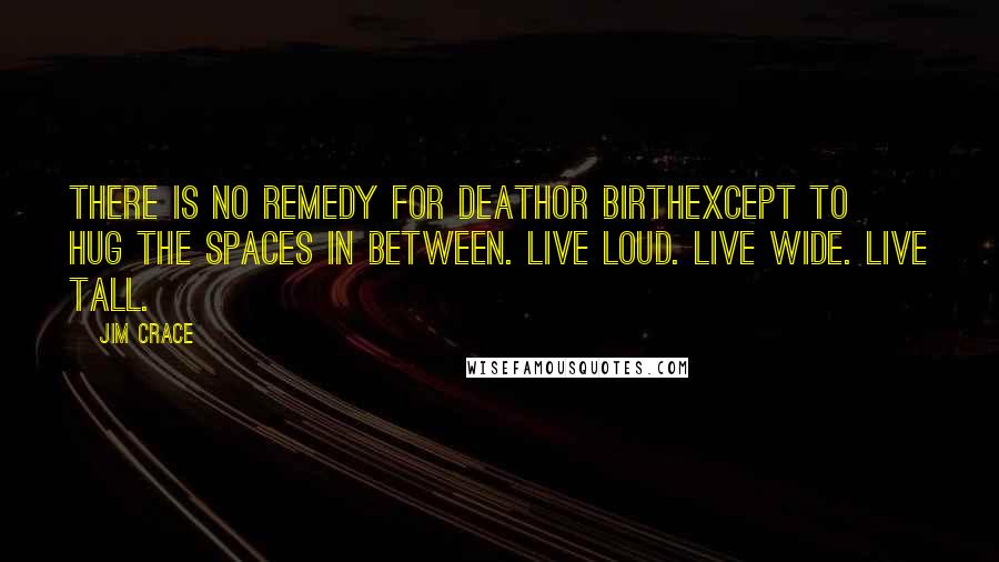 Jim Crace Quotes: There is no remedy for deathor birthexcept to hug the spaces in between. Live loud. Live wide. Live tall.
