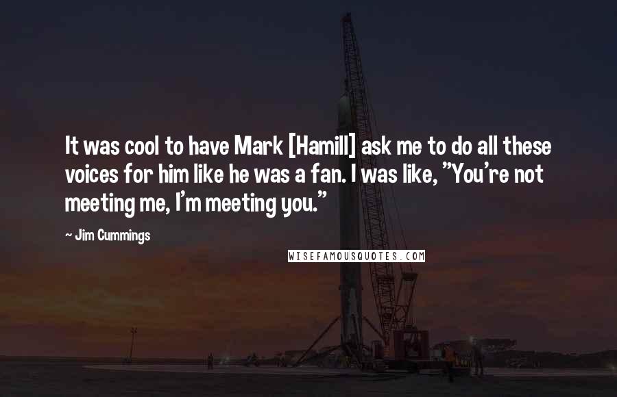 Jim Cummings Quotes: It was cool to have Mark [Hamill] ask me to do all these voices for him like he was a fan. I was like, "You're not meeting me, I'm meeting you."