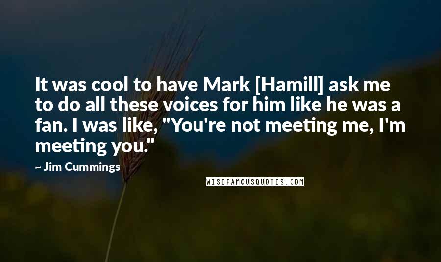 Jim Cummings Quotes: It was cool to have Mark [Hamill] ask me to do all these voices for him like he was a fan. I was like, "You're not meeting me, I'm meeting you."