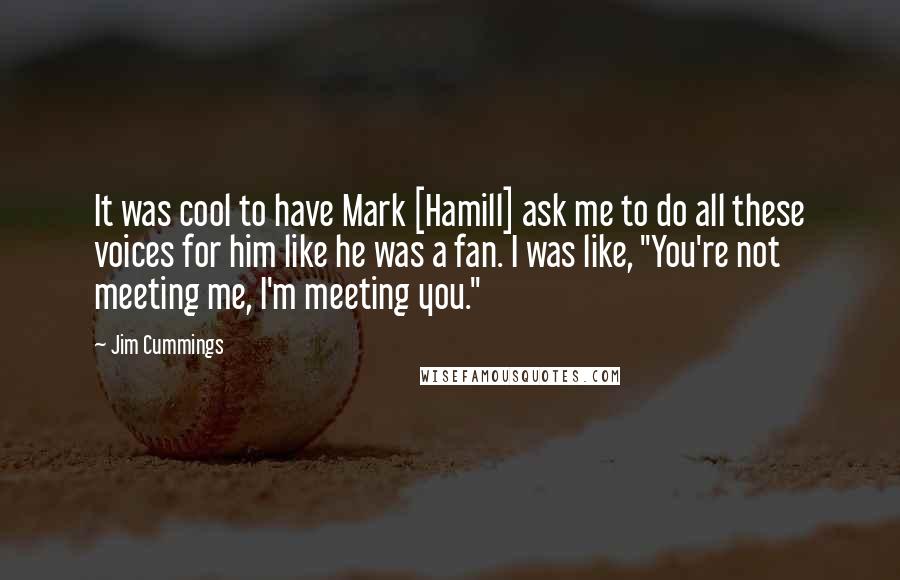 Jim Cummings Quotes: It was cool to have Mark [Hamill] ask me to do all these voices for him like he was a fan. I was like, "You're not meeting me, I'm meeting you."