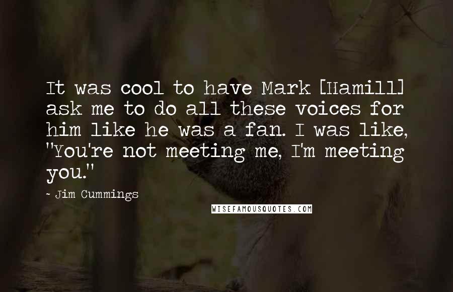 Jim Cummings Quotes: It was cool to have Mark [Hamill] ask me to do all these voices for him like he was a fan. I was like, "You're not meeting me, I'm meeting you."