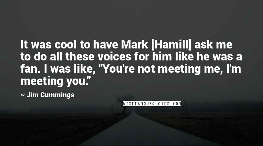 Jim Cummings Quotes: It was cool to have Mark [Hamill] ask me to do all these voices for him like he was a fan. I was like, "You're not meeting me, I'm meeting you."