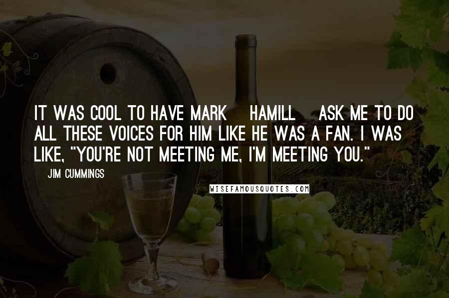 Jim Cummings Quotes: It was cool to have Mark [Hamill] ask me to do all these voices for him like he was a fan. I was like, "You're not meeting me, I'm meeting you."