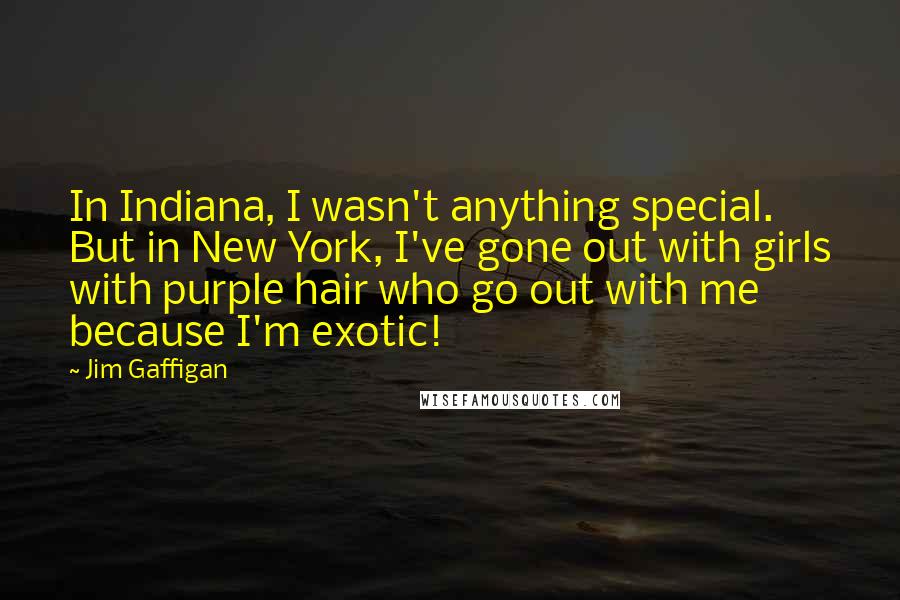 Jim Gaffigan Quotes: In Indiana, I wasn't anything special. But in New York, I've gone out with girls with purple hair who go out with me because I'm exotic!