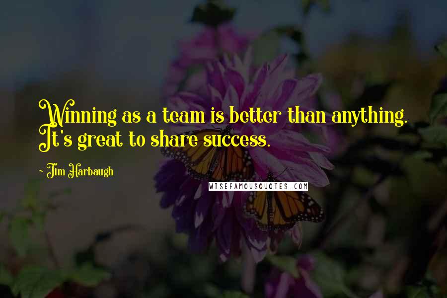 Jim Harbaugh Quotes: Winning as a team is better than anything. It's great to share success.