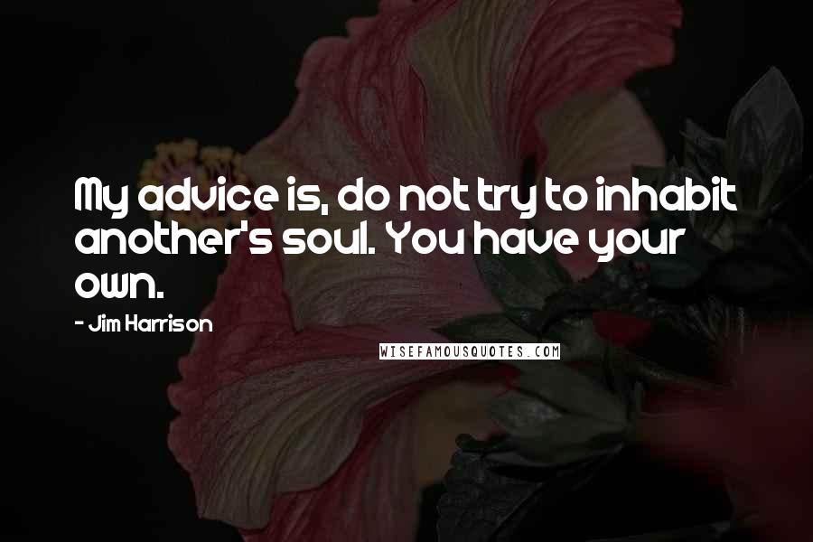 Jim Harrison Quotes: My advice is, do not try to inhabit another's soul. You have your own.