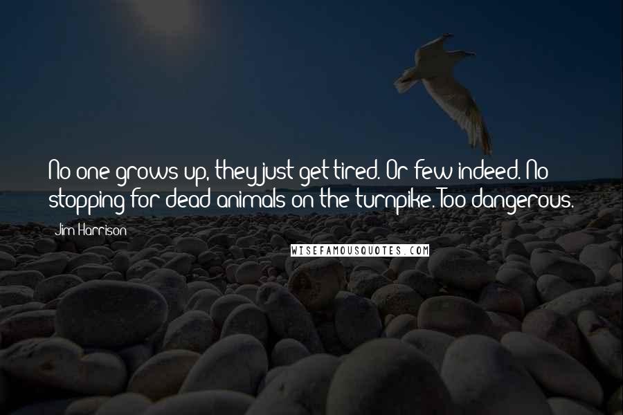 Jim Harrison Quotes: No one grows up, they just get tired. Or few indeed. No stopping for dead animals on the turnpike. Too dangerous.