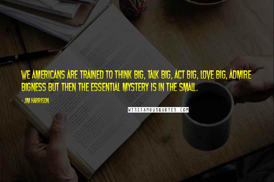 Jim Harrison Quotes: We Americans are trained to think big, talk big, act big, love big, admire bigness but then the essential mystery is in the small.