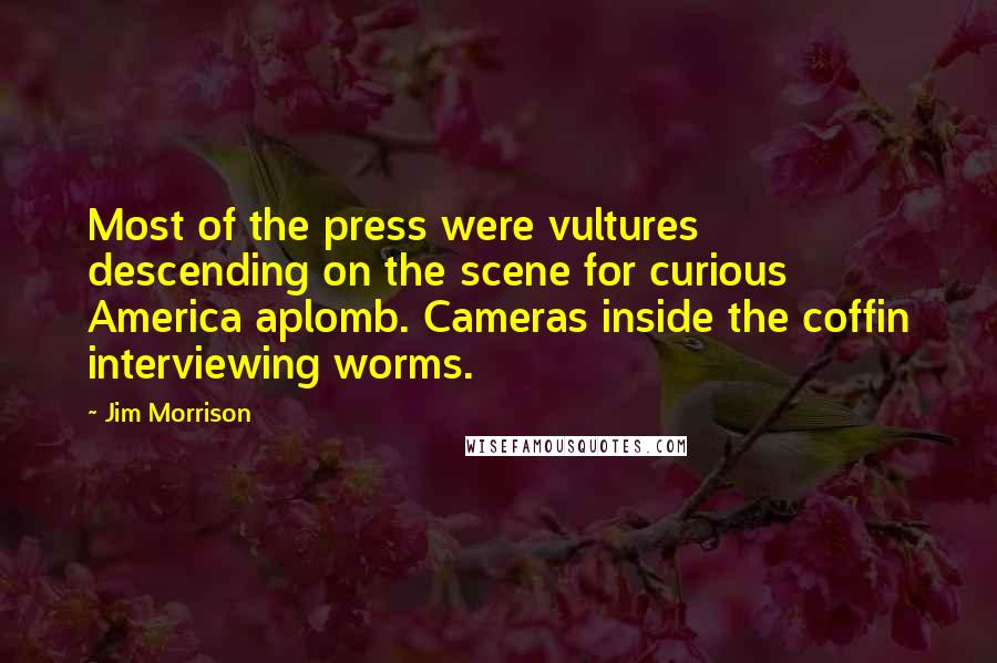 Jim Morrison Quotes: Most of the press were vultures descending on the scene for curious America aplomb. Cameras inside the coffin interviewing worms.