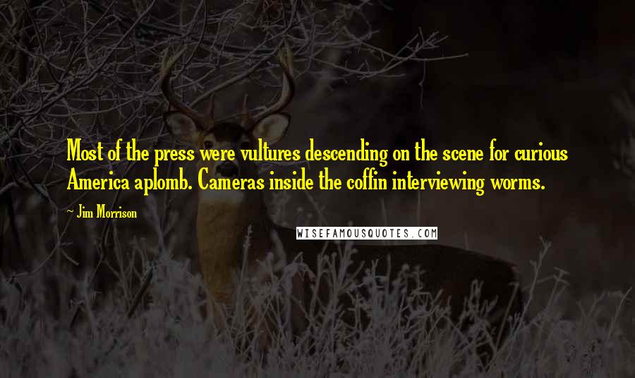 Jim Morrison Quotes: Most of the press were vultures descending on the scene for curious America aplomb. Cameras inside the coffin interviewing worms.