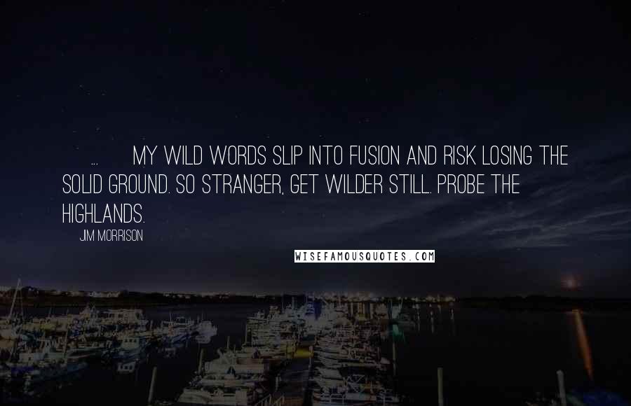 Jim Morrison Quotes: [ ... ] My wild words slip into fusion and risk losing the solid ground. So stranger, get wilder still. Probe the highlands.