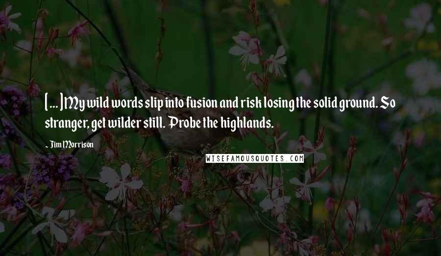 Jim Morrison Quotes: [ ... ] My wild words slip into fusion and risk losing the solid ground. So stranger, get wilder still. Probe the highlands.