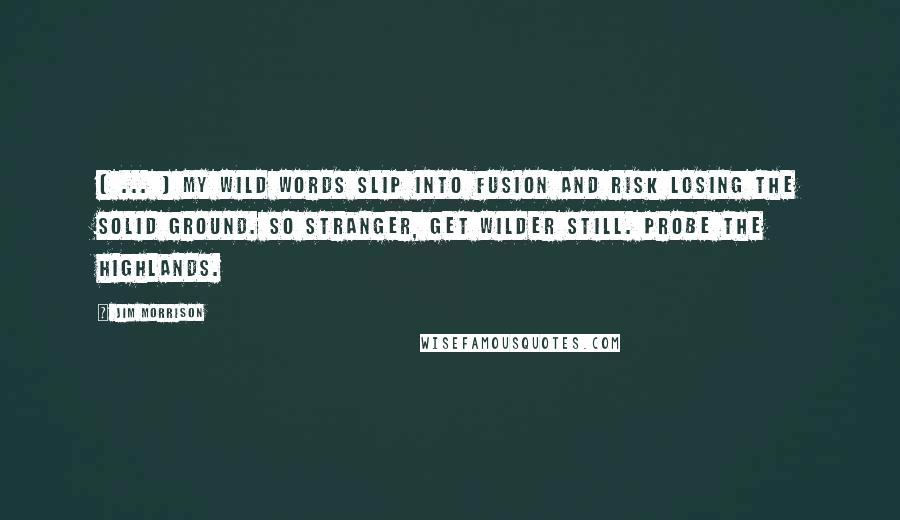 Jim Morrison Quotes: [ ... ] My wild words slip into fusion and risk losing the solid ground. So stranger, get wilder still. Probe the highlands.