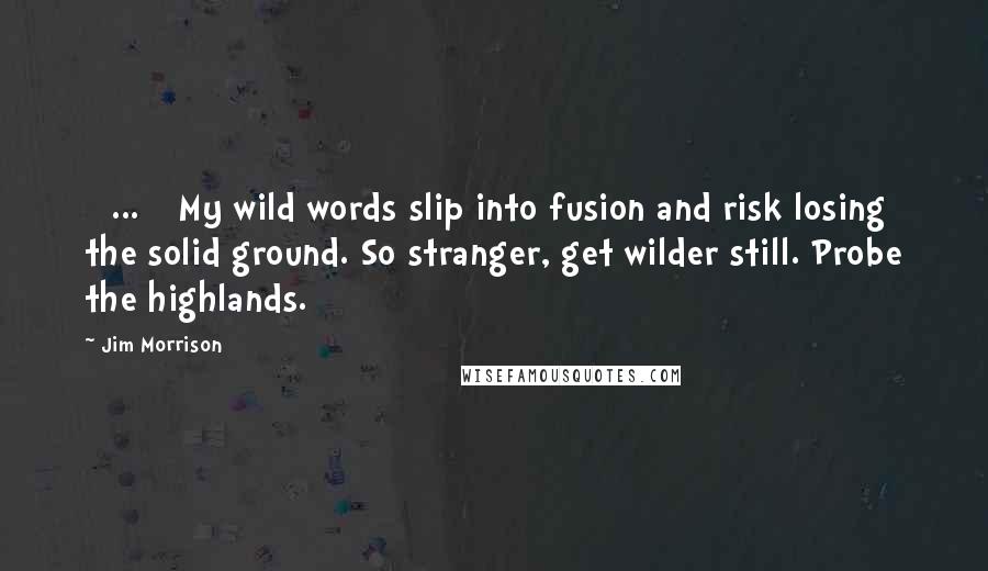 Jim Morrison Quotes: [ ... ] My wild words slip into fusion and risk losing the solid ground. So stranger, get wilder still. Probe the highlands.