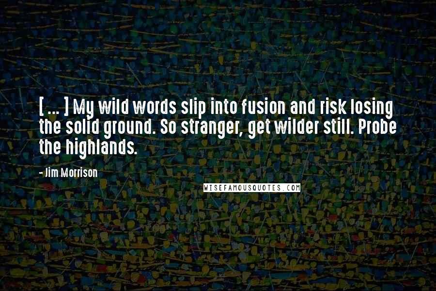 Jim Morrison Quotes: [ ... ] My wild words slip into fusion and risk losing the solid ground. So stranger, get wilder still. Probe the highlands.