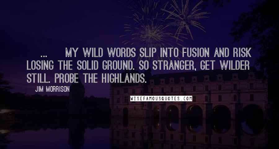 Jim Morrison Quotes: [ ... ] My wild words slip into fusion and risk losing the solid ground. So stranger, get wilder still. Probe the highlands.