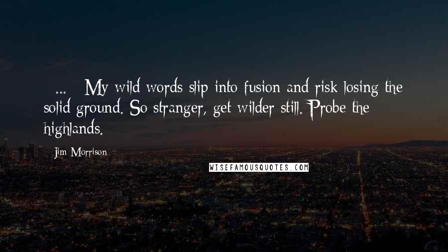 Jim Morrison Quotes: [ ... ] My wild words slip into fusion and risk losing the solid ground. So stranger, get wilder still. Probe the highlands.