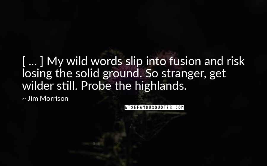 Jim Morrison Quotes: [ ... ] My wild words slip into fusion and risk losing the solid ground. So stranger, get wilder still. Probe the highlands.