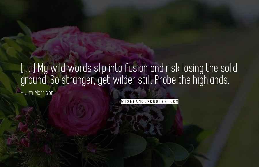 Jim Morrison Quotes: [ ... ] My wild words slip into fusion and risk losing the solid ground. So stranger, get wilder still. Probe the highlands.