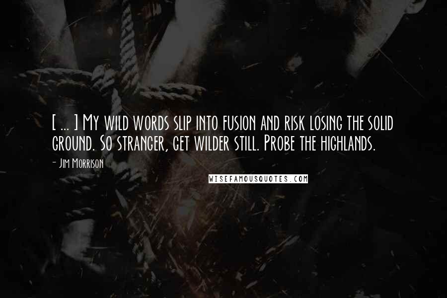 Jim Morrison Quotes: [ ... ] My wild words slip into fusion and risk losing the solid ground. So stranger, get wilder still. Probe the highlands.