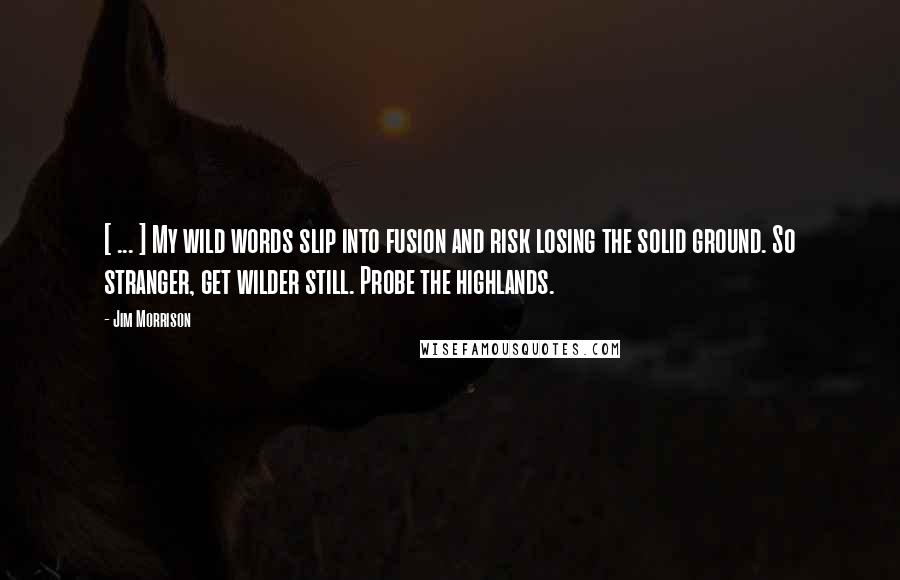 Jim Morrison Quotes: [ ... ] My wild words slip into fusion and risk losing the solid ground. So stranger, get wilder still. Probe the highlands.