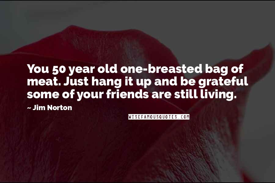 Jim Norton Quotes: You 50 year old one-breasted bag of meat. Just hang it up and be grateful some of your friends are still living.