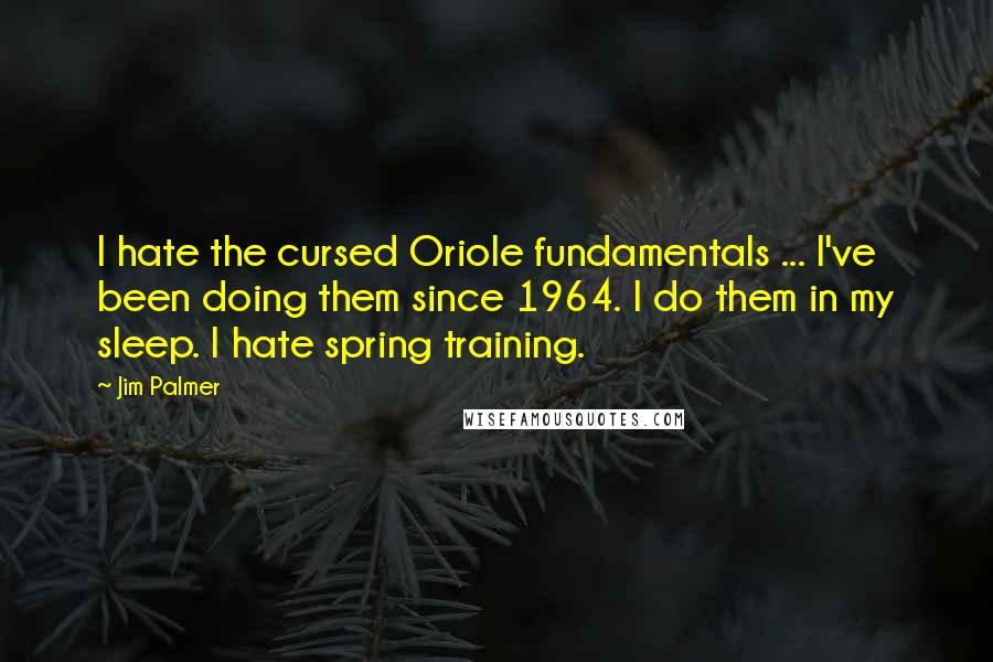 Jim Palmer Quotes: I hate the cursed Oriole fundamentals ... I've been doing them since 1964. I do them in my sleep. I hate spring training.