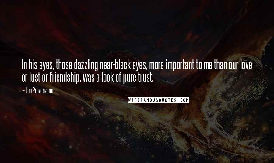 Jim Provenzano Quotes: In his eyes, those dazzling near-black eyes, more important to me than our love or lust or friendship, was a look of pure trust.