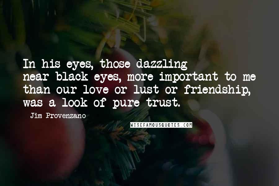 Jim Provenzano Quotes: In his eyes, those dazzling near-black eyes, more important to me than our love or lust or friendship, was a look of pure trust.