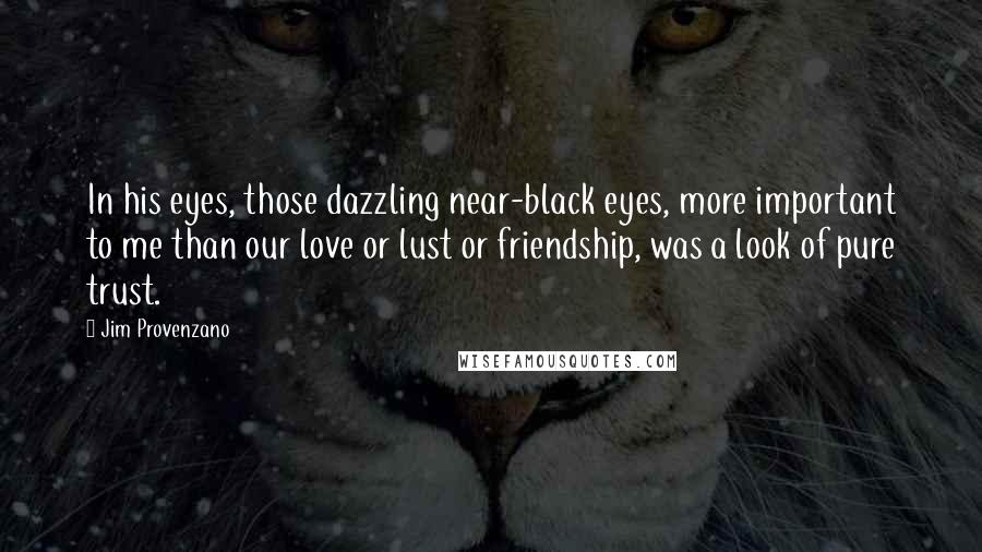 Jim Provenzano Quotes: In his eyes, those dazzling near-black eyes, more important to me than our love or lust or friendship, was a look of pure trust.