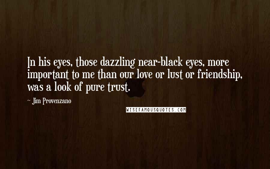 Jim Provenzano Quotes: In his eyes, those dazzling near-black eyes, more important to me than our love or lust or friendship, was a look of pure trust.