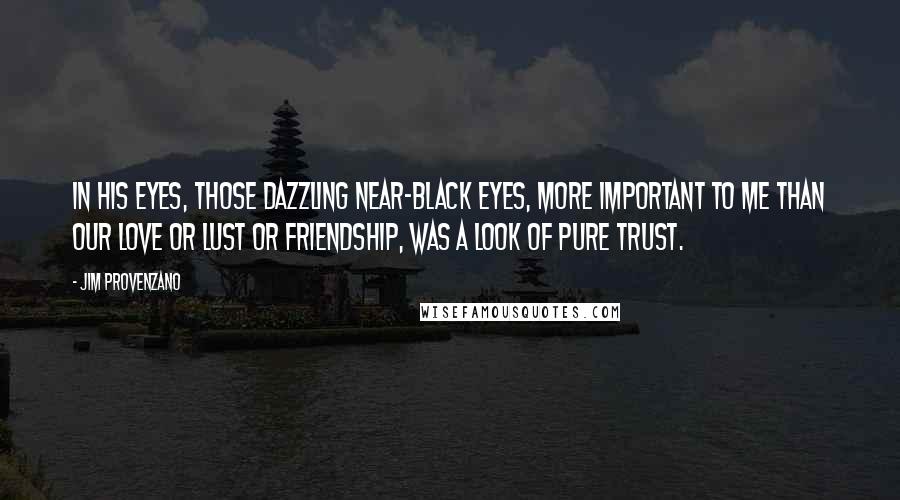 Jim Provenzano Quotes: In his eyes, those dazzling near-black eyes, more important to me than our love or lust or friendship, was a look of pure trust.