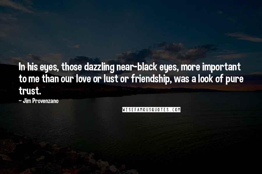 Jim Provenzano Quotes: In his eyes, those dazzling near-black eyes, more important to me than our love or lust or friendship, was a look of pure trust.